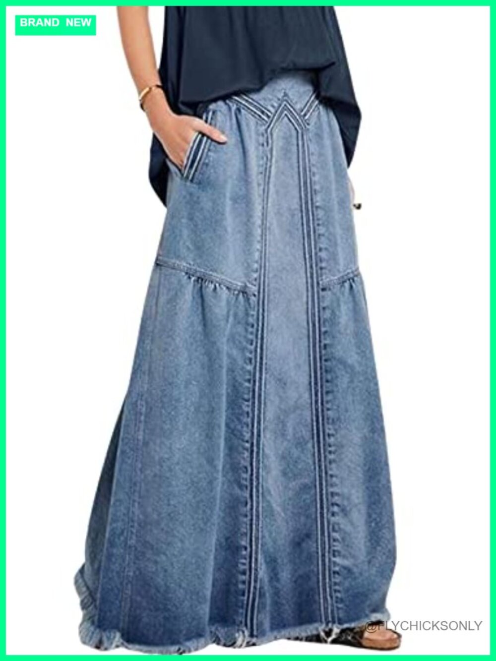 Women's Vintage Frayed Hem A-Line Long Maxi Denim Skirt High Waist Retro